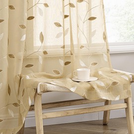 MIULEE Beige Curtains 2 Panels Embroidered Leaf Patterned Rod Pocket Floral Semi Sheer Faux Linen Window Curtains Drapses for Living Room Bedroom Farmhouse,52x63 Inches Long