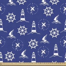 ABAKUHAUS Lighthouse Fabric Sold by the Metre, Maritime Silhouettes, Beautifully Woven Fabric for Upholstery and Home Accessories, 1 m (148 x 100 cm), Purple Blue White
