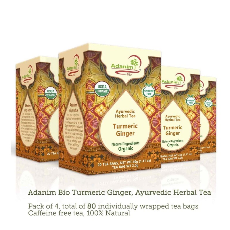 Adanim Bio Ginger Turmeric Tea, Value Pack 80 Teabags, Caffeine-free