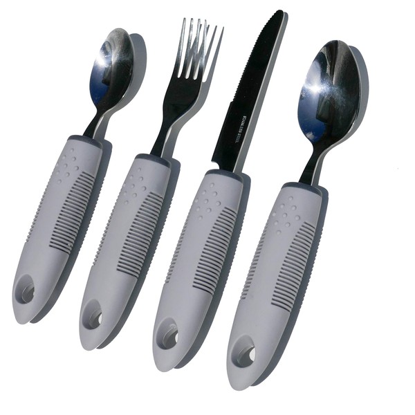 Cutlery Set 4 Piece Easy Grip, Wide Handles, Eating Aid for The Elderly, Disabled, Visually Impaired & Those with Arthritis, Parkinson's Disease, Tremors and Weakened Grasp
