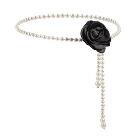 CIWEAI White Pearl Beaded Flowers Belts for Women Fashion Black Camellia Pearl Waist Chain Sweet Aesthetic Wedding Dress Belt Ladies Jewelry Statement Gifts (Black)