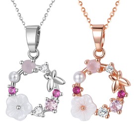 Flongo Wreath Pendant, Cherry Blossom Necklace, Flower: Stainless Steel, Zircon Resin, For Women, Girls, Cute, Beautiful, Exquisite, Gift for Her, Mother's Day, Valentine's Day, Birthday, Anniversary,