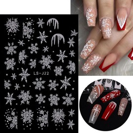 Christmas Nail Art Stickers, White Snowflake Nail Decals 3D Self-Adhesive Christmas Nail Art Supplies Snowflake Elk Heart Winter Design Acrylic Nail Stickers for Women DIY Nail Art Decorations 6Pcs