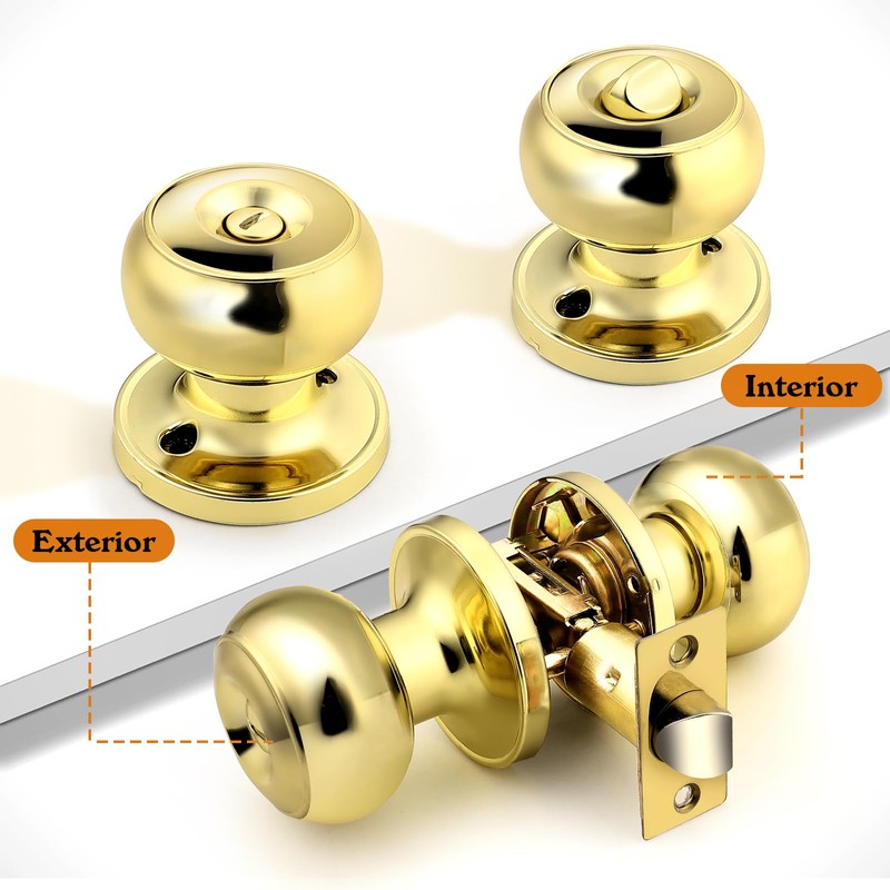 Probrico Gold Interior Door Knobs for Bedroom Bathroom, Polished Brass