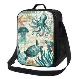 Gaakvrr Nautical Map Lunch Bag Octopus Sea Turtle Insulated Durable Lunch Bag with Adjustable Shoulder Strap Portable Lunch Bag for Kids School Picnic Beach Hiking