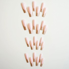 IMSOHOT Square Press on Nails Long Fake Nails Gold Glitter French Tips False Nails with Designs Glossy Glue on Nails Full Cover Acrylic Nails for Women 24pcs