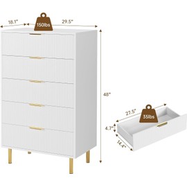 IDEALHOUSE White Dresser, Modern 5 Drawer Dresser for Bedroom with Gold Handle and Large Drawer, Wood Double Chest of Drawers and Storage Organizer for Living Room, Hallway, Entryway