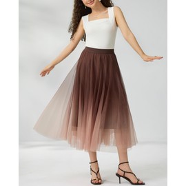 Mliyasan Women’s Gradient Tulle Midi Skirt Casual Pleated A-Line High Waist Swing Knee Length Skirt