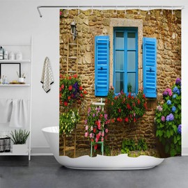 Qucarder Garden Shower Curtain Stone Wall and Blue Window and Flowers Bath Curtain 3D Outdoor Waterproof Shower Curtains for Bathroom Decor with 12 Hooks 72x72 Inch