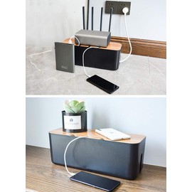 Cable Box, Socket Box, Cable Collector, Storage Box for Cable Management, Charging Cable, ABS Plastic with Ventilation, Wooden Texture Organiser 30 x 11.5 x 11 cm
