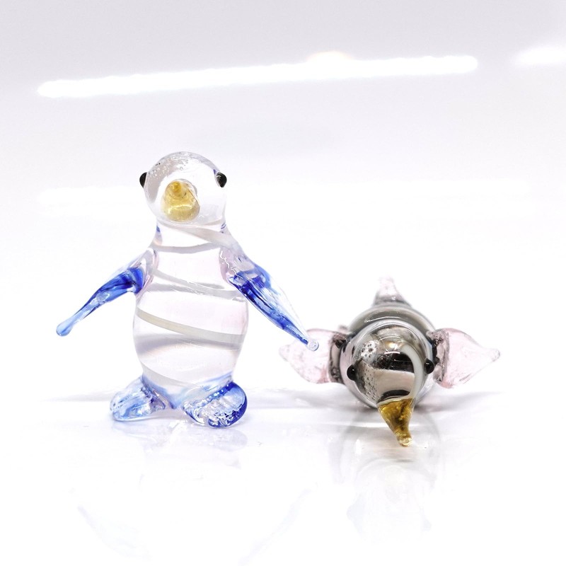 Sansukjai 2 Penguins Miniature Figurines Animals Hand Blown Glass Art