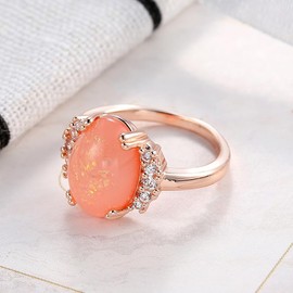 DCFSHEE Oval Cut Opal Ring 18K Rose Gold Plated Created Pink Fiery Red Opal Cubic Zirconia CZ Ring Solitaire Engagement Ring for Women Size 6-10（8）