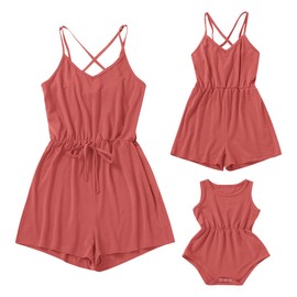 Mommy and Me Dresses Outfits Solid Color Adjustable Spaghetti Straps Family Matching Drawstring Belt Jumpsuit Romper V Round Sleeveless Summer Clothes for Mother and Daughter Orange Red 3-6 Months