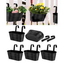 Metal Hanging Flower Pots for Railing fence - 5 PCS Black Large Hanging Planter for Balconyl Metal Iron Buckets with Removable Hooks & Drainage Holes Outdoor Garden Home Decor (11 Inch)