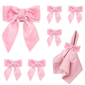 Juego de 6 servilleteros de terciopelo hechos a mano con lazo rosa para servilletas, servilletas, pajarita, hebillas para Navidad, boda, Acción de Gracias, cena, banquete, decoración de mesa