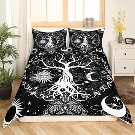 Erosebridal Tree of Life Duvet Cover Hippie Gothic Moth Bedding Sets Queen, Sun and Moon Comforter Cover Psychedelic Galaxy Trippy Stars Quilt Cover, Black and White Bedroom Decor 3Pcs Cozy Soft