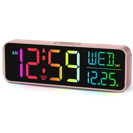 Peakeep Kids Digital Alarm Clock for Bedrooms, Date Day of Week Large Display Numbers 6 Brightness Dimmer, 5 Volume Loud for Heavy Sleepers, 8 RGB Colors Electric Desk Clock Battery Backup, Auto DST