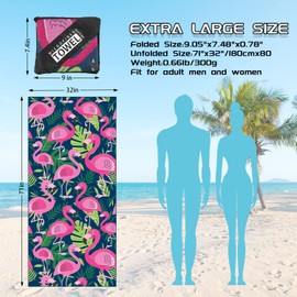 MEQUER Microfibre Beach Towel, Beach Towels For Adults, 71"x32" Large Lightweight Sand Free Microfibre Towel, Quick Dry Swimming Towel for Travel, Beach, Pool, Camping (Flamingo P)