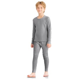 VZV Kids Thermal Underwear Set, Boys Waffle Thermal Underwear Set Long Sleeve Top and Bottom for Skiing, Cold Weather Grey