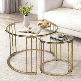 Nesting Coffee Table Set of 2, 23.6" Round Coffee Table, Hand Forged Vintage Gold Center Table, Accent Table with Glass Top for Living Room, Bedroom, Balcony