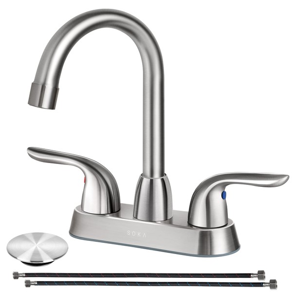 SOKA Centerset Bathroom Sink Faucet Two Handles High Arc 4" Lavatory Bath With Deck Plate & Pop-Up Drain Fit 3 Hole Installation, Brushed Nickel (SK18001NY)