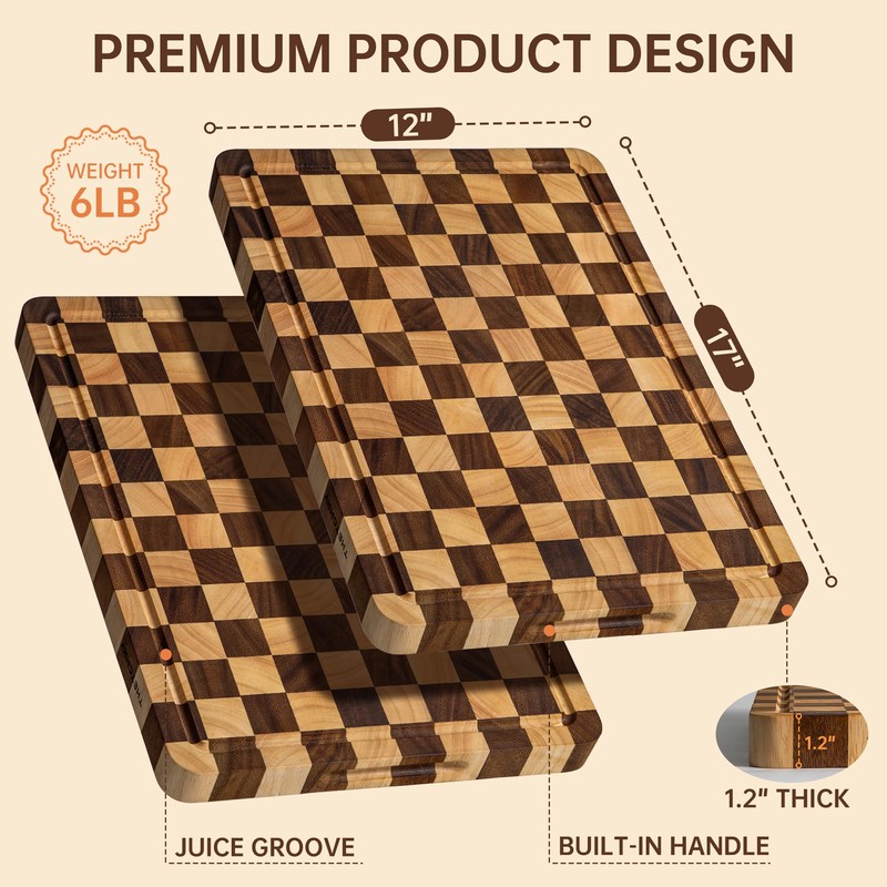 FYCTIO Wooden Cutting Boards for Kitchen, Checkered Cutting Board 1.2"