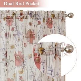 Simplebrand Floral Sheer Curtains 220 cm Length for Living Room 2 Panels Set, Soft Airy Printed Design Textured Light Filtering Drapes, Semi Sheer Farmhouse Curtains for Bedroom, Each 130Wx220L cm