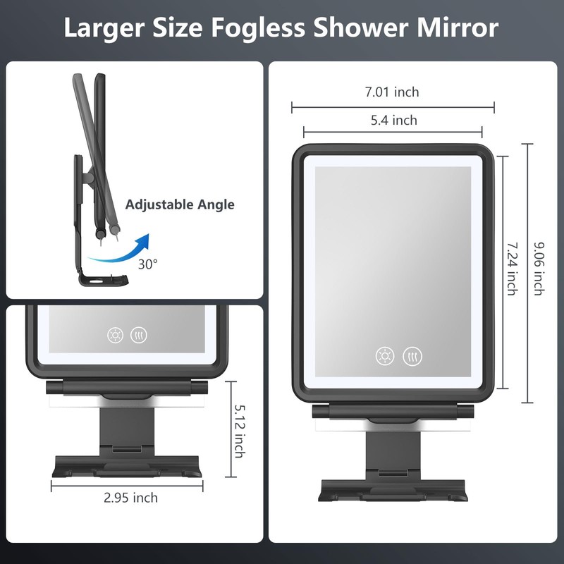 Heated Shower Mirror Fogless for Shaving, 3 Colors Stepless Dimmable