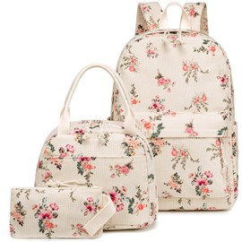 LOIDOU Backpack for Teenagers Girls Bookbags Children's Backpack Kids School Backpack with Lunch Bag Pencil Case School Bag Set for School, Pink Flower Beige, L, Casual