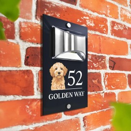Custom Signs Solar Illuminated Modern Anthracite Grey House Number Sign 24cm x 14.5cm Goldendoodle Design