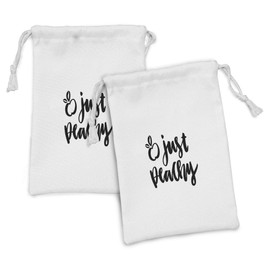 Lunarable Just Peachy Fabric Pouch Set of 2, Monochrome Calligraphic Illustration of Cursive Lettering Words, Small Drawstring Bag for Toiletries Masks and Favors, 9" x 6", Charcoal Grey White