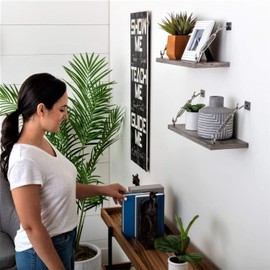 Under.Stated Floating Shelves Wall Mounted Wood Hanging Shelf Set for Bathroom Kitchen Living Room Bedroom Storage (Rustic Grey with Industrial Hardware Set of 2)