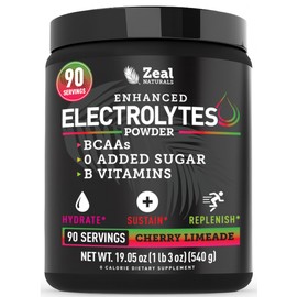 Zeal Electrolyte Powder - 90 Servings | Keto Electrolytes Powder | Zero Sugar, BCAAs, B-Vitamins | Potassium, Zinc, Magnesium | Hydration Powder Recovery Drink | Cherry Limeade