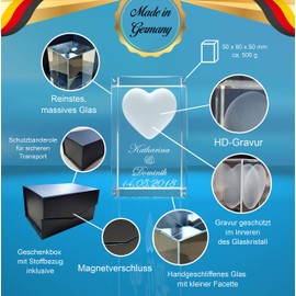 VIP-LASER 3D Glass Crystal Quader XL Heart with Choice of Names and Date in Portrait Format mit Color Leuchtsockel 5 LED Schwarz