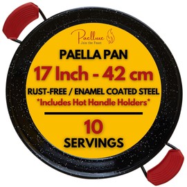 Paelluxe 17 Inch Paella Pan 10 Servings - Enamelled No Rust Easy to Clean Steel Pan Propane - Gas Burners for Cooking - Indoor & Outdoor Cooking Skillet - Cacerola Paellera Sarten - Mother's Day Gifts