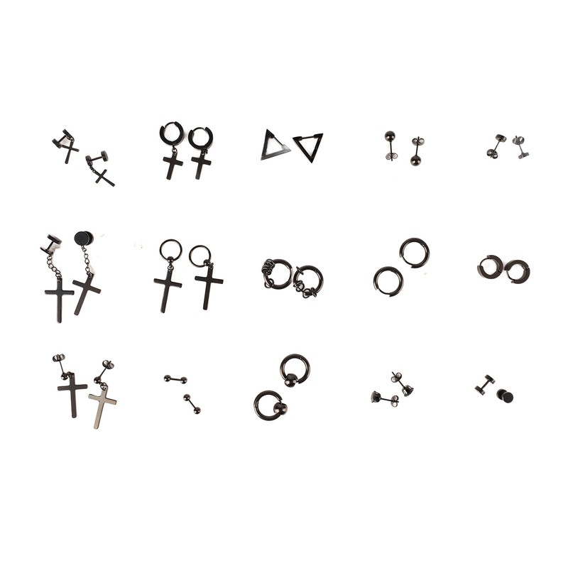 15 Pairs Earrings Set Black Stainless Steel Ear Studs Men