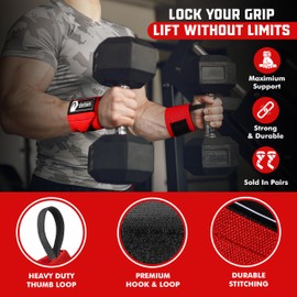 Weight Lifting Wrist Wraps – 18” Cotton Wrist Support with Thumb Loop – Gym Straps for Workout Powerlifting Weightlifting Fitness Strength Training, Stiff Wrist Straps (Full Red)