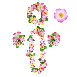 Hawaii Blumenkette,5Pcs Hawaii Kette Blumen Set,Blumen Haarklammer Blume Haarschmuck Armband Blumenkranz,Hawaiian Party Deko Outfit Damen für Poolparty Beachparty Karneval,Rosa