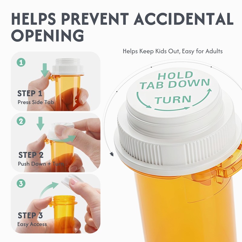 Zoeynex 12-Pack 10DR Amber Pill Bottles, Reversible Child-Resistant Caps