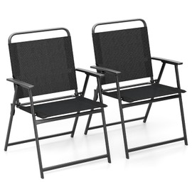 Tangkula Outdoor Folding Chairs Set of 2, Patio Dining Chairs with Breathable Fabric Seat & Cozy Armrests, Heavy-Duty Metal Frame, Portable Lawn Chairs for Backyard, Porch, Camping (2, Black)