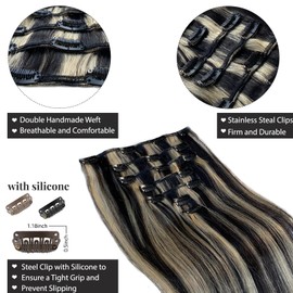 Clip in Hair Extensions Full Head 14 Inch 70g Natural Black Mix Blonde Highlights Clip in Hair Extensions Real Human Hair for Women 7pcs Double Weft Straight Clip in Hair Extensions Hairpieces