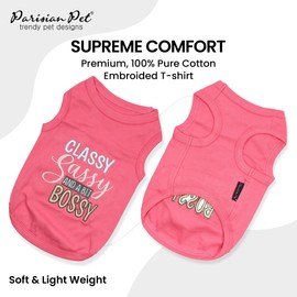 Parisian Pet Dog T-Shirt with Embroidered 'Classy, Sassy and Bit Bossy' Words - 100% Cotton, Pink Dog Clothes - Cute Pet Vest - Machine Washable Dog Shirt for Large Dogs, L