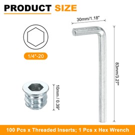 sourcing map 100 Pcs Threaded Insert for Wood, 1/4" - 20 Carbon Steel Threaded Studs Hex Socket Drive Nut Inserts Screw in Nut Fastener Connector with Hex Wrench 10mm Length for Home, Silver