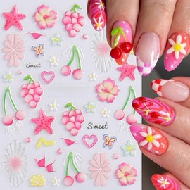 Cute Nail Stickers 2Pcs 5D Embossed Nail Art Stickers Flowers Cherry Starfish Design Nails Decals Self Adhesive Nail Art Supplies Summer Nail Decorations DIY Manicure Sliders for Women and Girls
