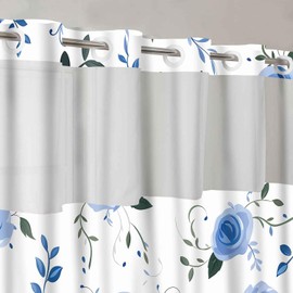 Gdmoon No Hook Flower Shower Curtain, Snap in Fabric Liner Set for Bathroom Hotel Double Layers Waterproof Fabric and See Through Top Window Bathroom Blue Rose Decorative 54x80in YLSHGD305
