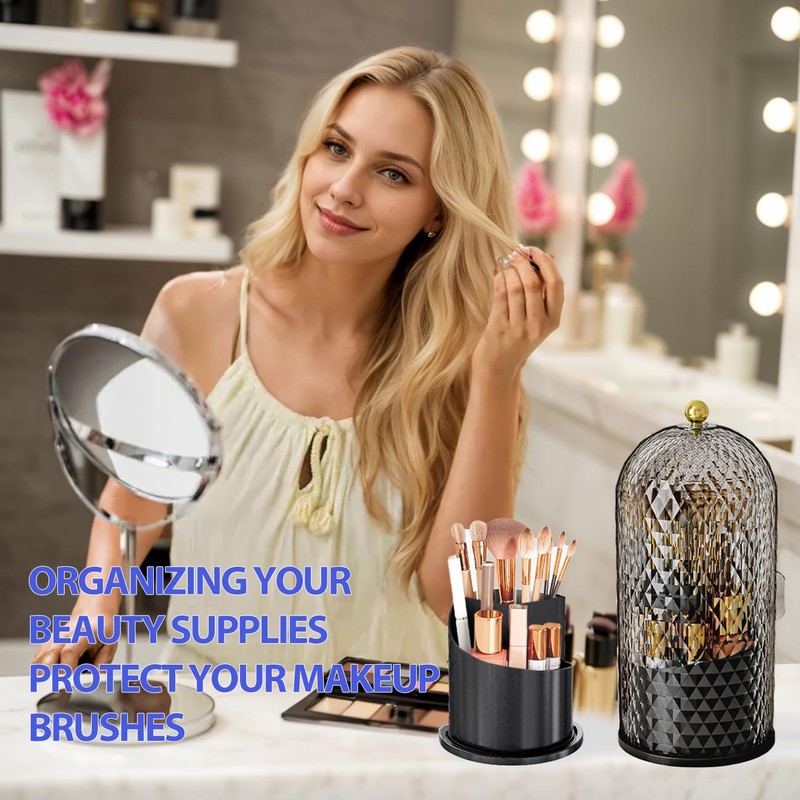 JIANGLAI Makeup Brush Holder with Lid, 360 Rotating Multifunction Clear