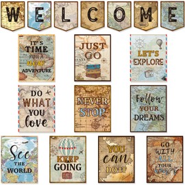 Pasimy 17 Pcs Travel the Map Theme Bulletin Board Posters Welcome Classroom Decorations Adventure Inspirational Posters World Map Motivational Cutouts for Students Teachers Office Supplies