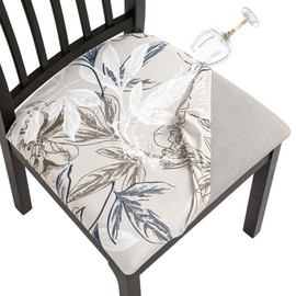 SearchI Waterproof Seat Covers for Dining Chairs, 6 Pack Stretch Dining Room Chair Seat Covers, Kitchen Chair Seat Covers Protectors(Beige and Blue Flower)