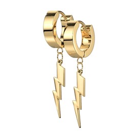 316L Stainless Steel Lightning Bolt Dangling Huggie Hinged Hoop Earrings, Sold as a Pair (Gold Tone)