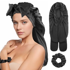 Abeillo Long Satin Bonnet for Women, Large Silk Bonnet for Sleeping Bonnet with Tie Band and Scrunchies, Sleep Cap for Long Curly Hair, Braids(Black)